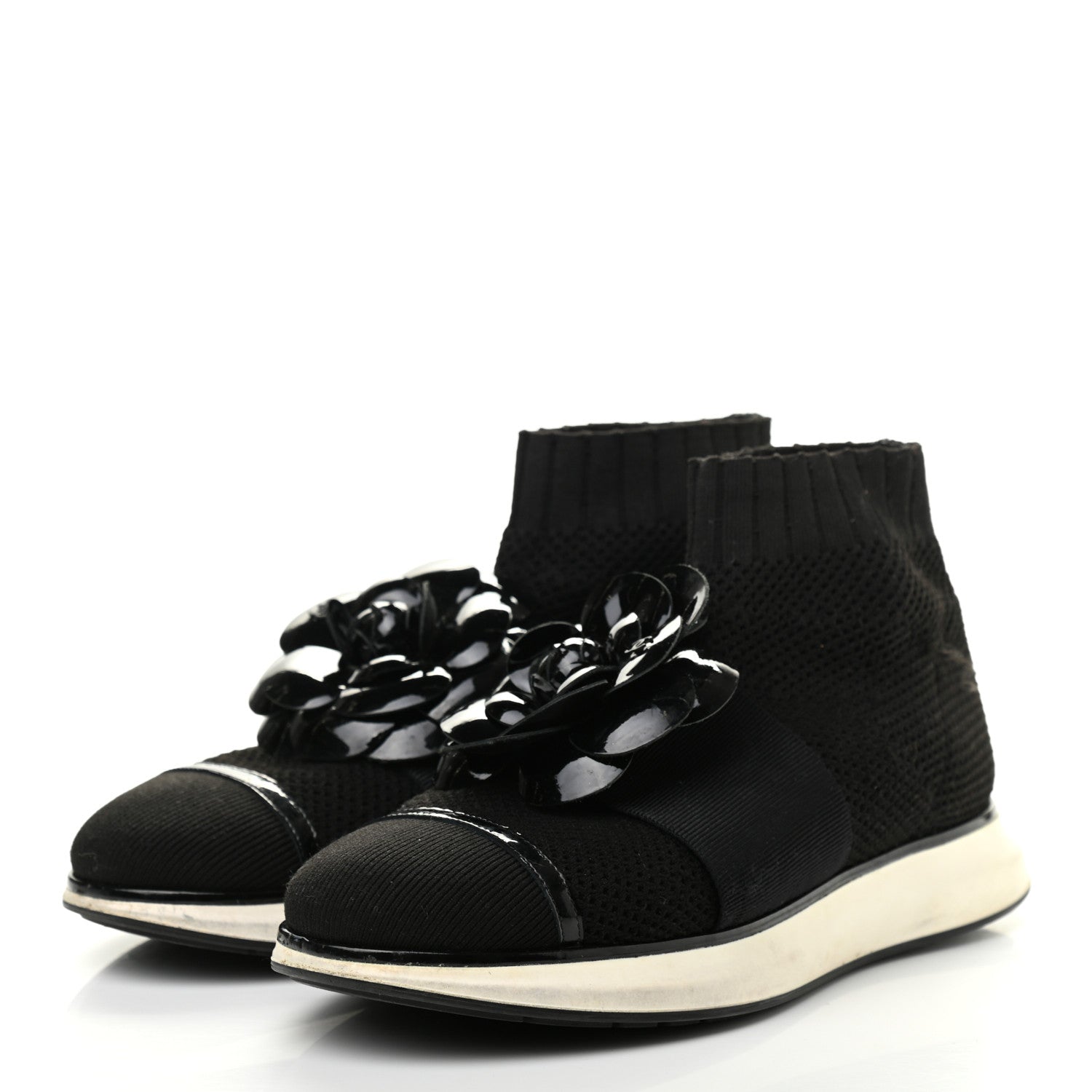 Chanel Knit Patent Calfskin Womens High Top Camellia Sneakers 36.5 Black 3 of 8