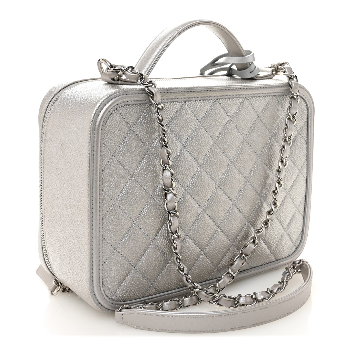 Metallic Caviar Quilted Large CC Filigree Vanity Case Silver