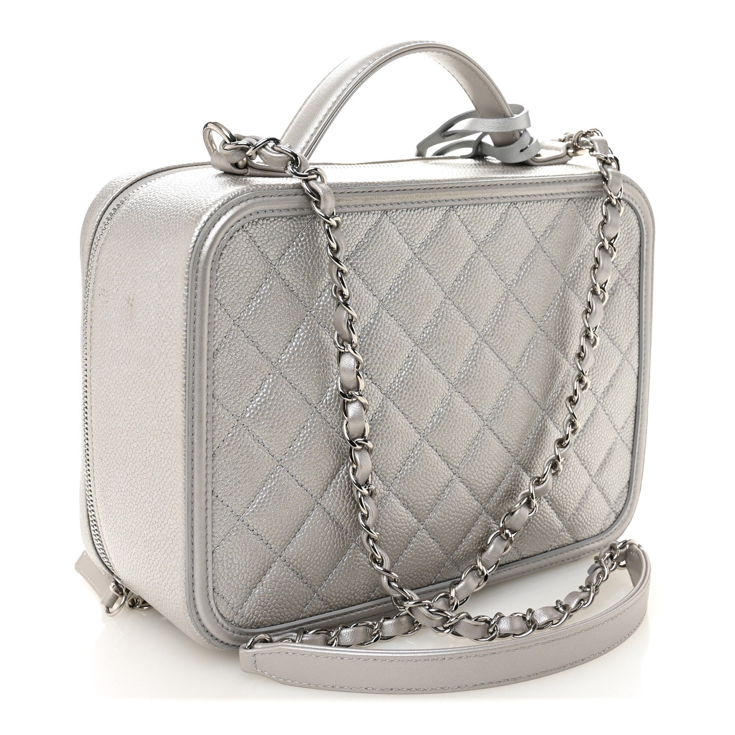 Chanel Metallic Caviar Quilted Large CC Filigree Vanity Case Silver 4 of 11