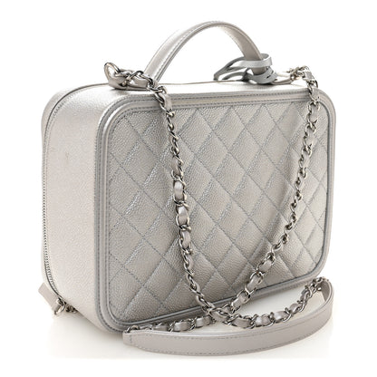 Chanel Metallic Caviar Quilted Large CC Filigree Vanity Case Silver 4 of 11
