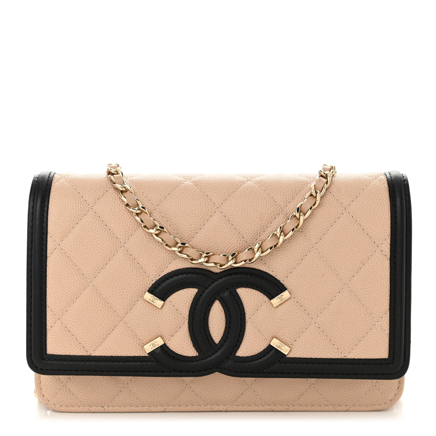 Caviar Quilted CC Filigree Wallet On Chain WOC Beige Black
