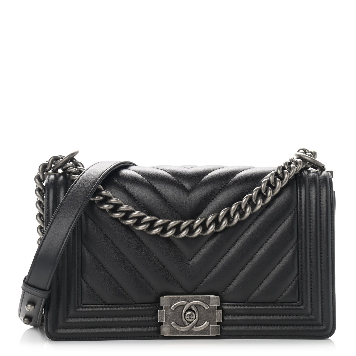 Calfskin Chevron Quilted Medium Boy Flap Black