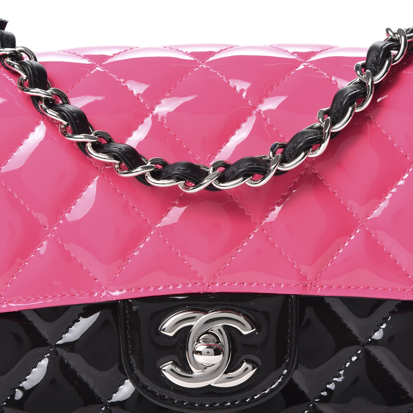 Patent Calfskin Quilted Bi-Color Mini Rectangular Flap Pink Black