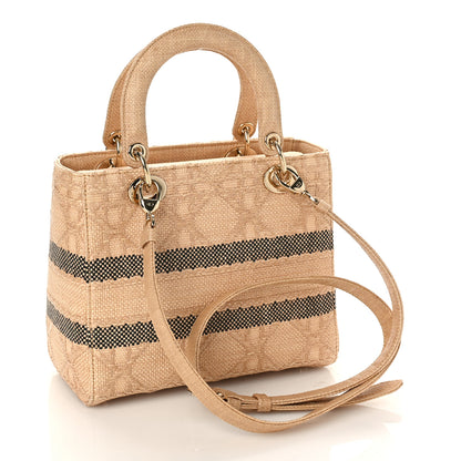 Christian Dior Raffia Woven Cannage Embroidered Medium Lady D-Lite Natural Black 3 of 8