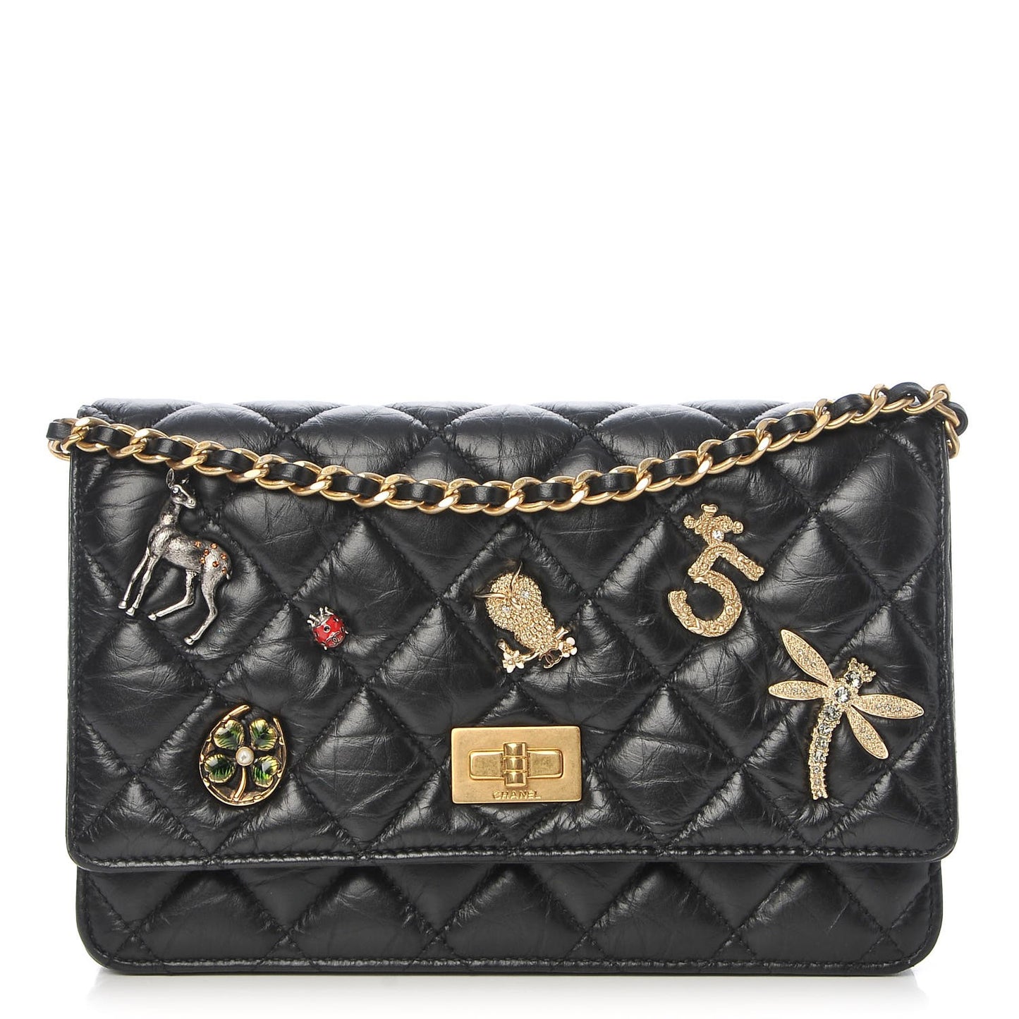Aged Calfskin Quilted Lucky Charms 2.55 Reissue Wallet On Chain WOC Black