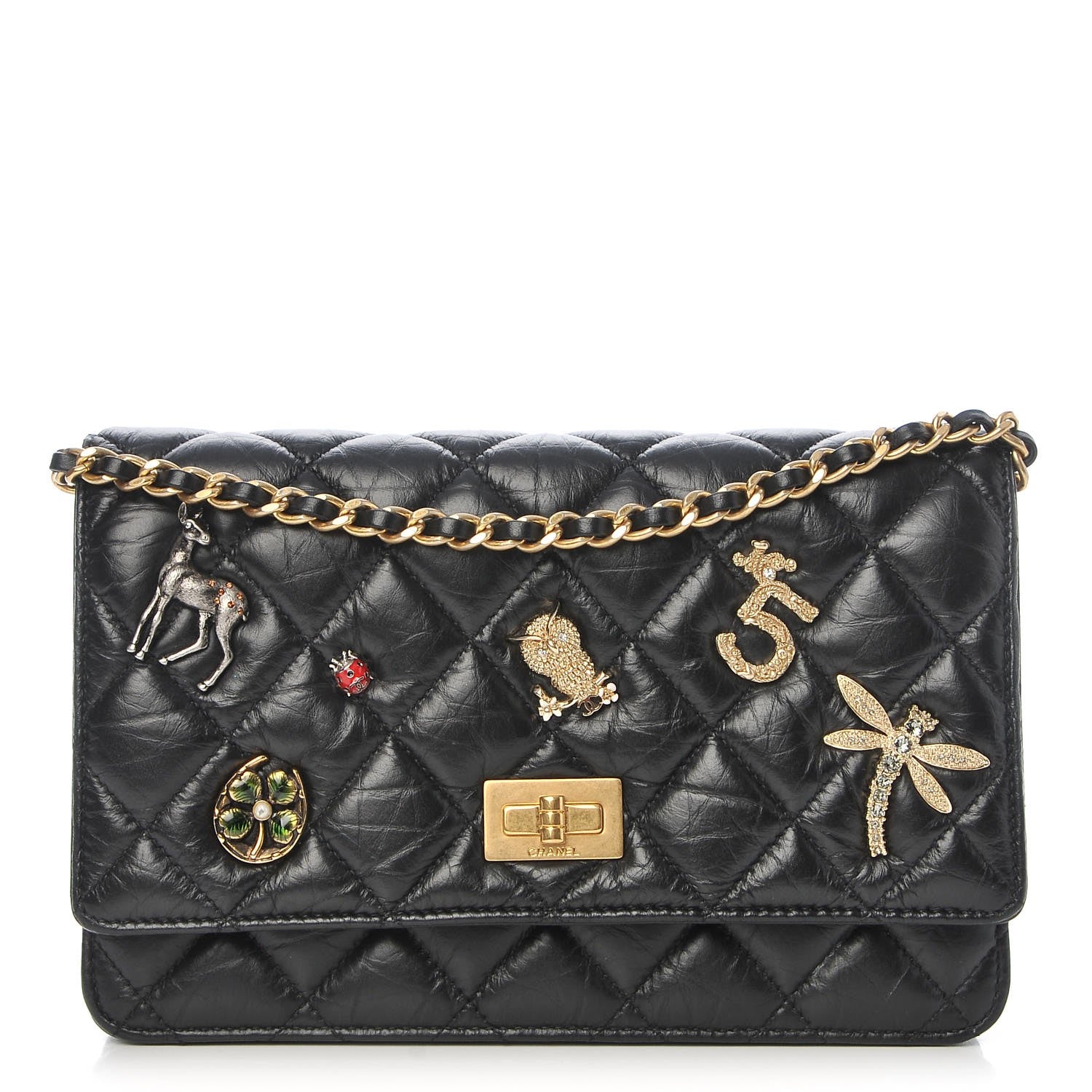 Chanel Aged Calfskin Quilted Lucky Charms 2.55 Reissue Wallet On Chain WOC Black 1 of 9