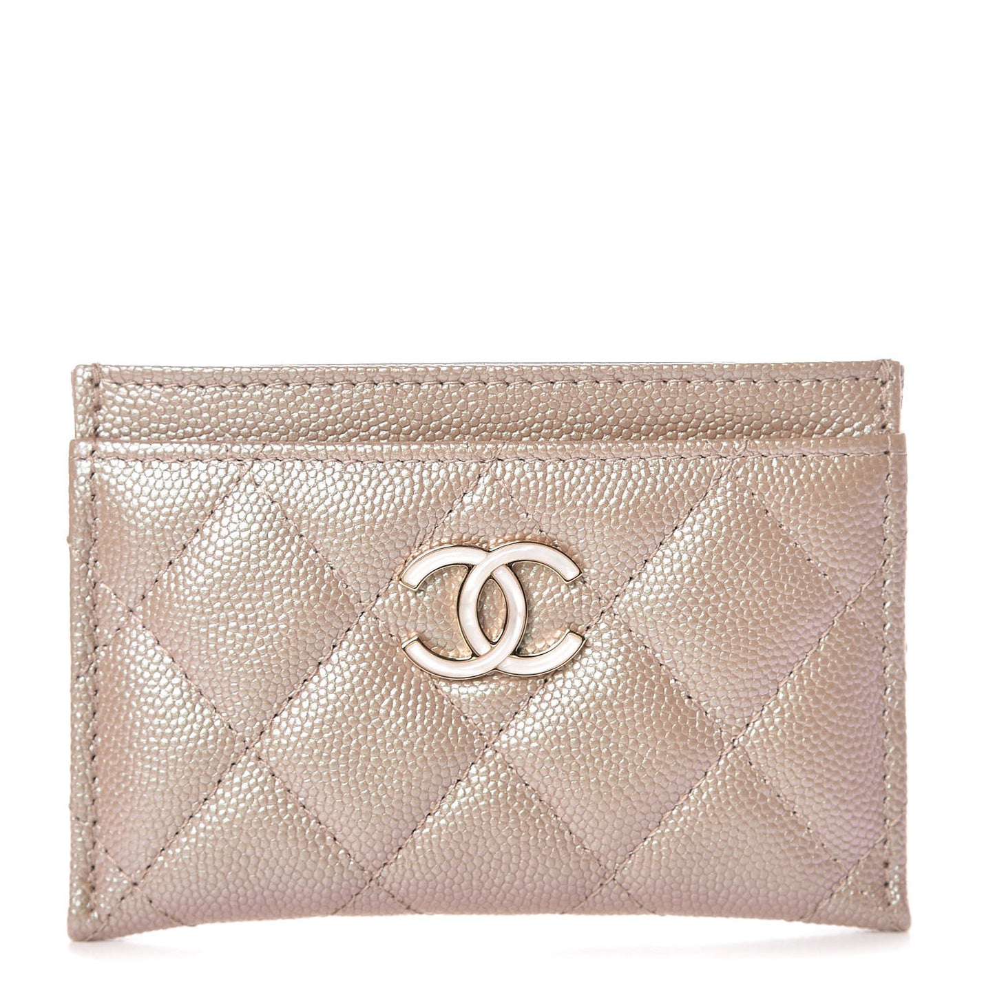 Iridescent Caviar Quilted Card Holder Beige