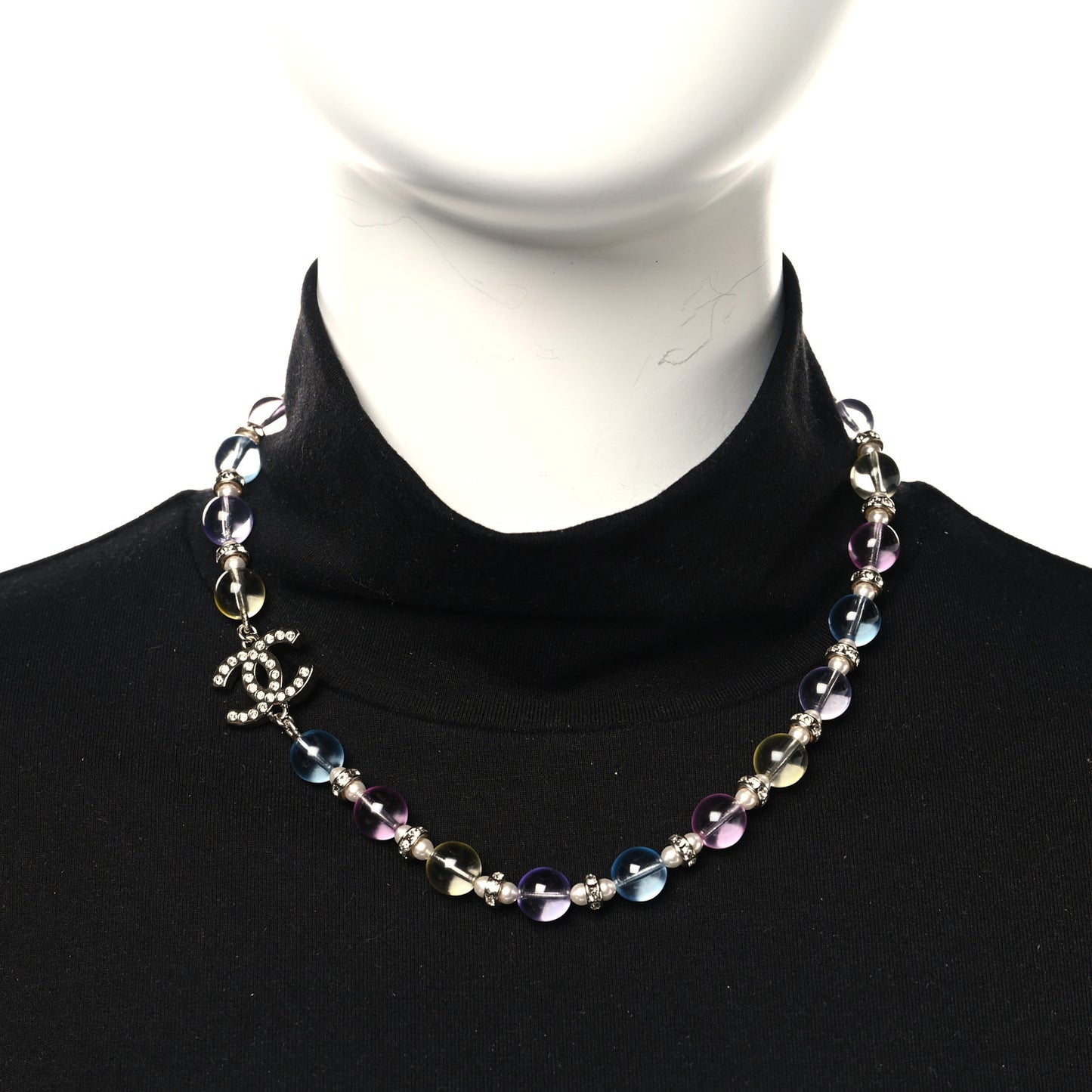 Metal Glass Pearl Strass Beaded CC Necklace Gold Pearly White Multicolor