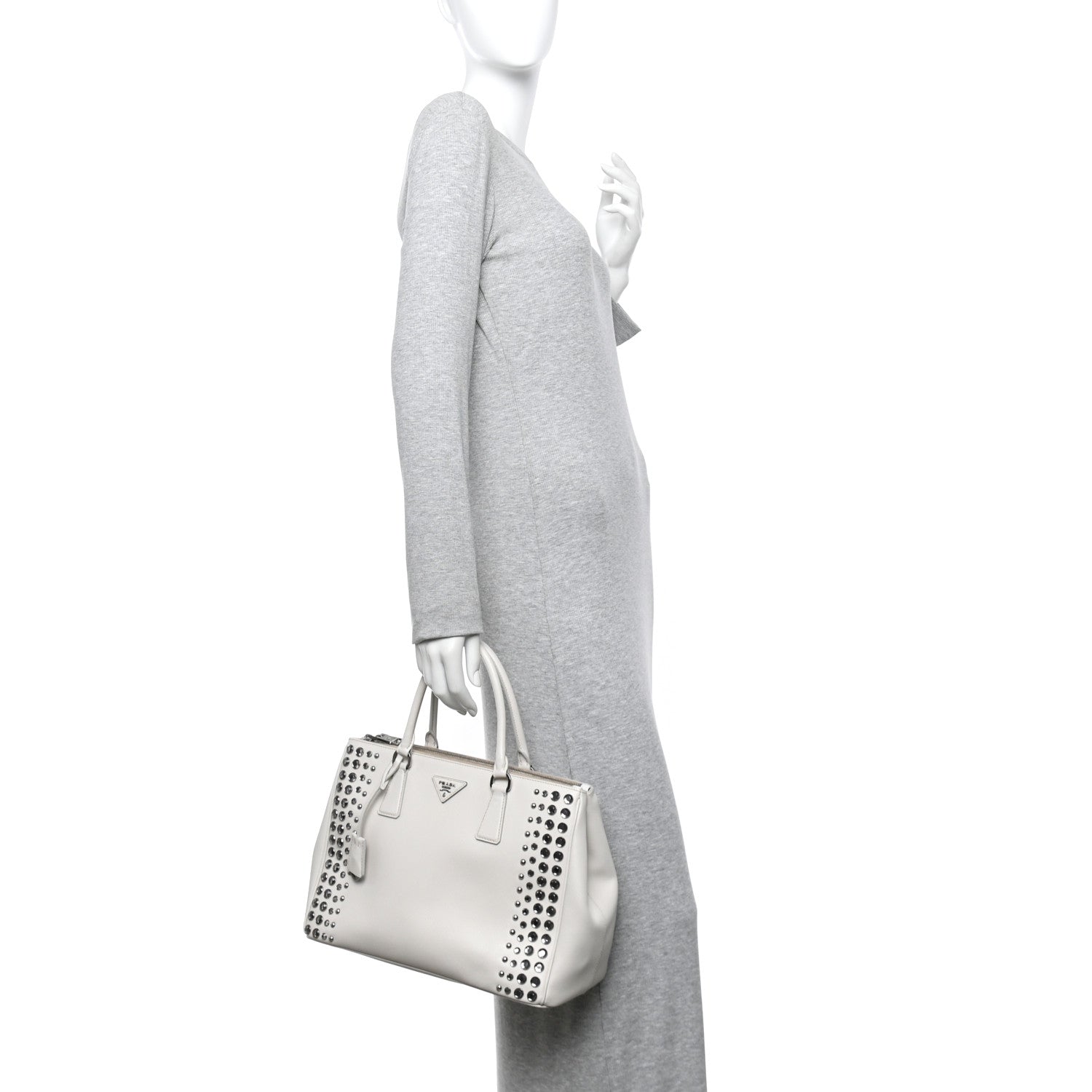 Prada Saffiano Lux Studded Crystal Medium Galleria Double Zip Tote Talco 3 of 31