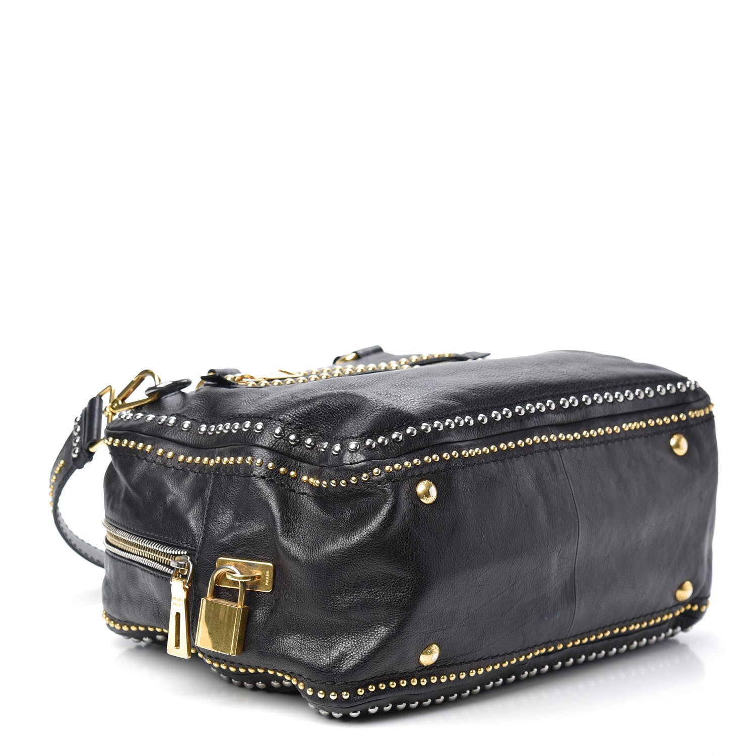Prada Glace Calfskin Studded Tote Black 4 of 9