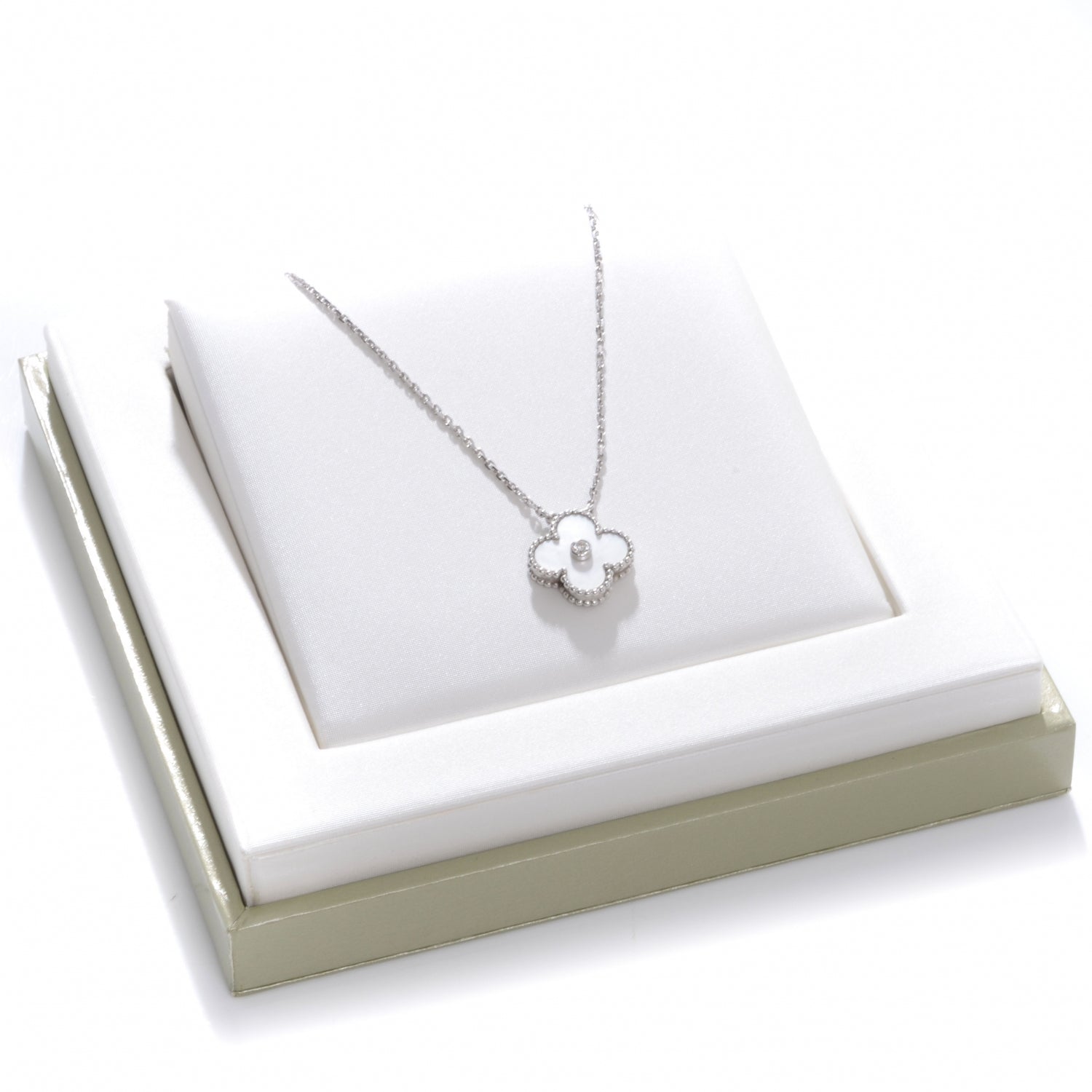 Van Cleef & Arpels 18K White Gold Mother of Pearl Diamond Single Motif Clover Alhambra Necklace 3 of 10