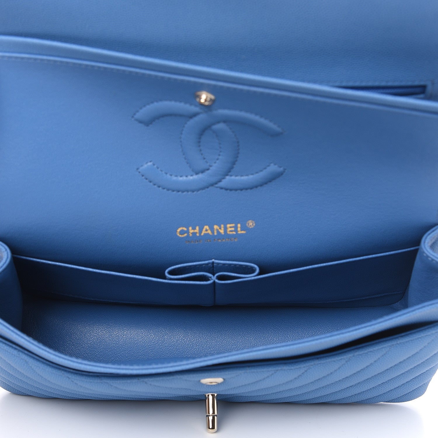 Chanel Caviar Flat Chevron Quilted Medium Double Flap Blue 5 of 10