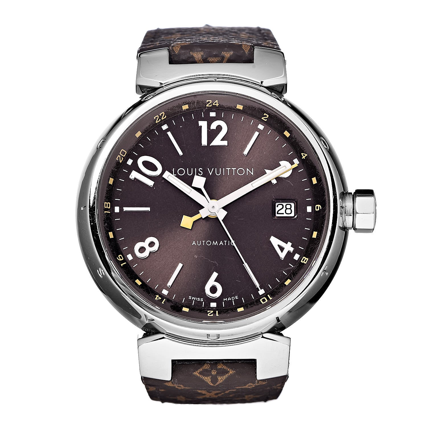 Louis Vuitton Stainless Steel Monogram 39mm Tambour GMT Automatic Watch Brown 1 of 9