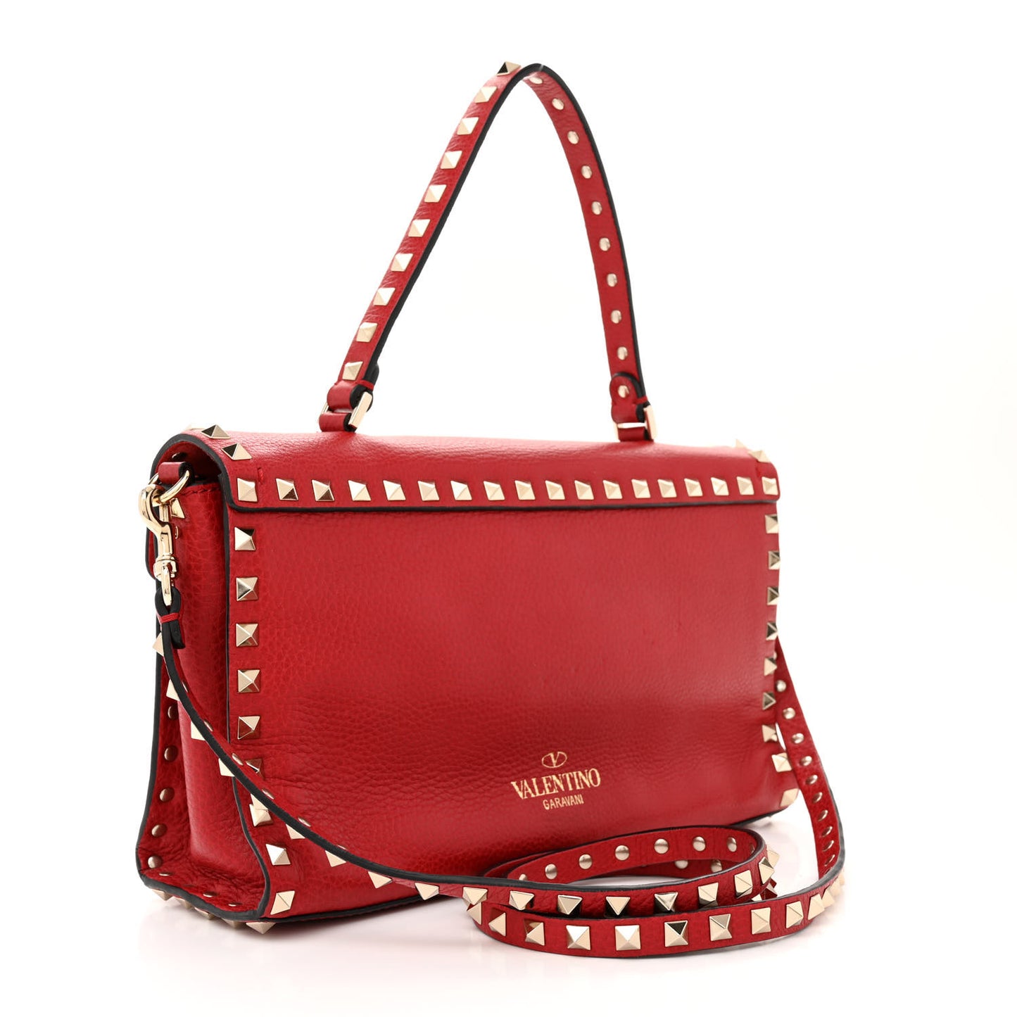 Pebbled Calfskin Medium Rockstud Top Handle Shoulder Bag Red