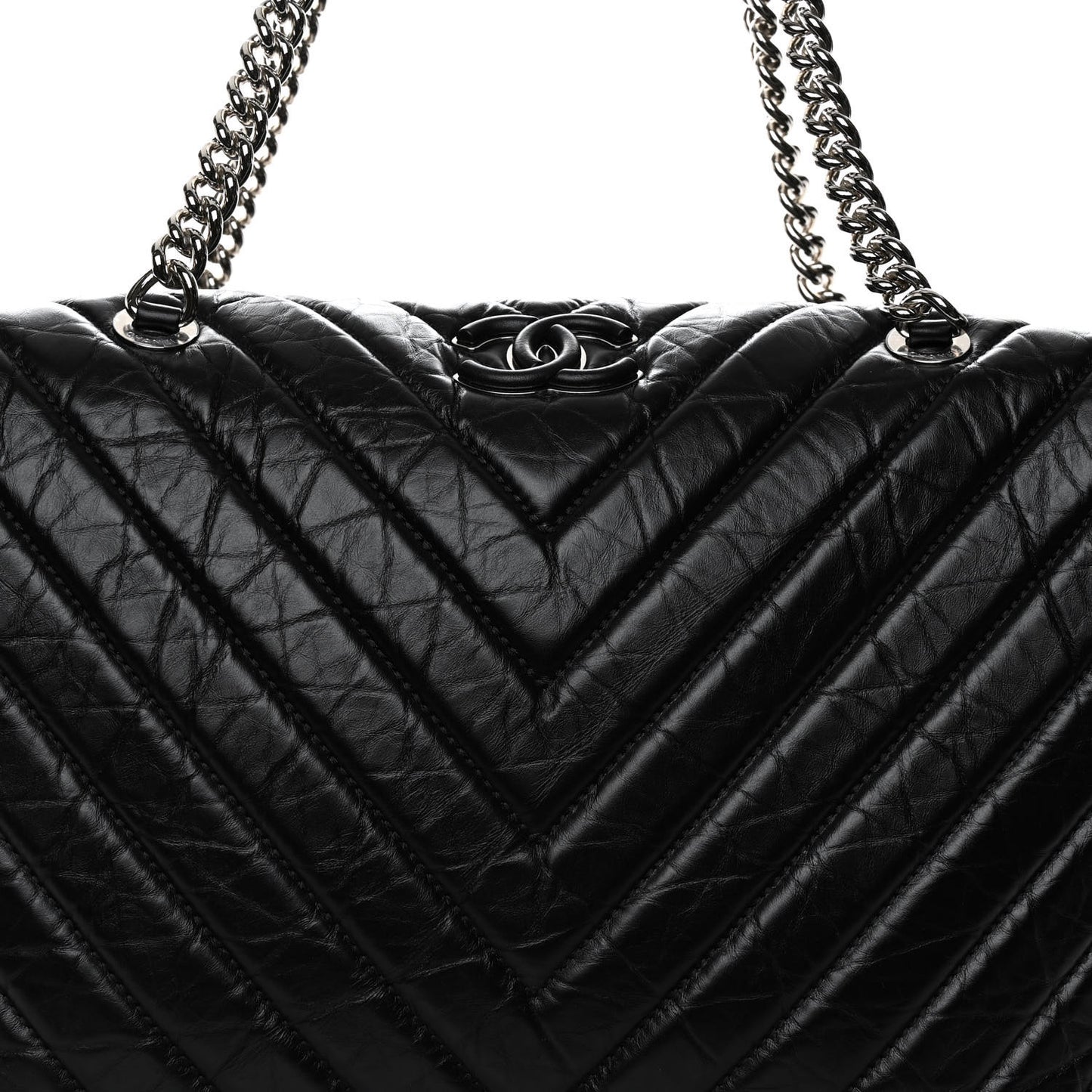 Aged Calfskin Chevron Quilted Duffle Bag Black