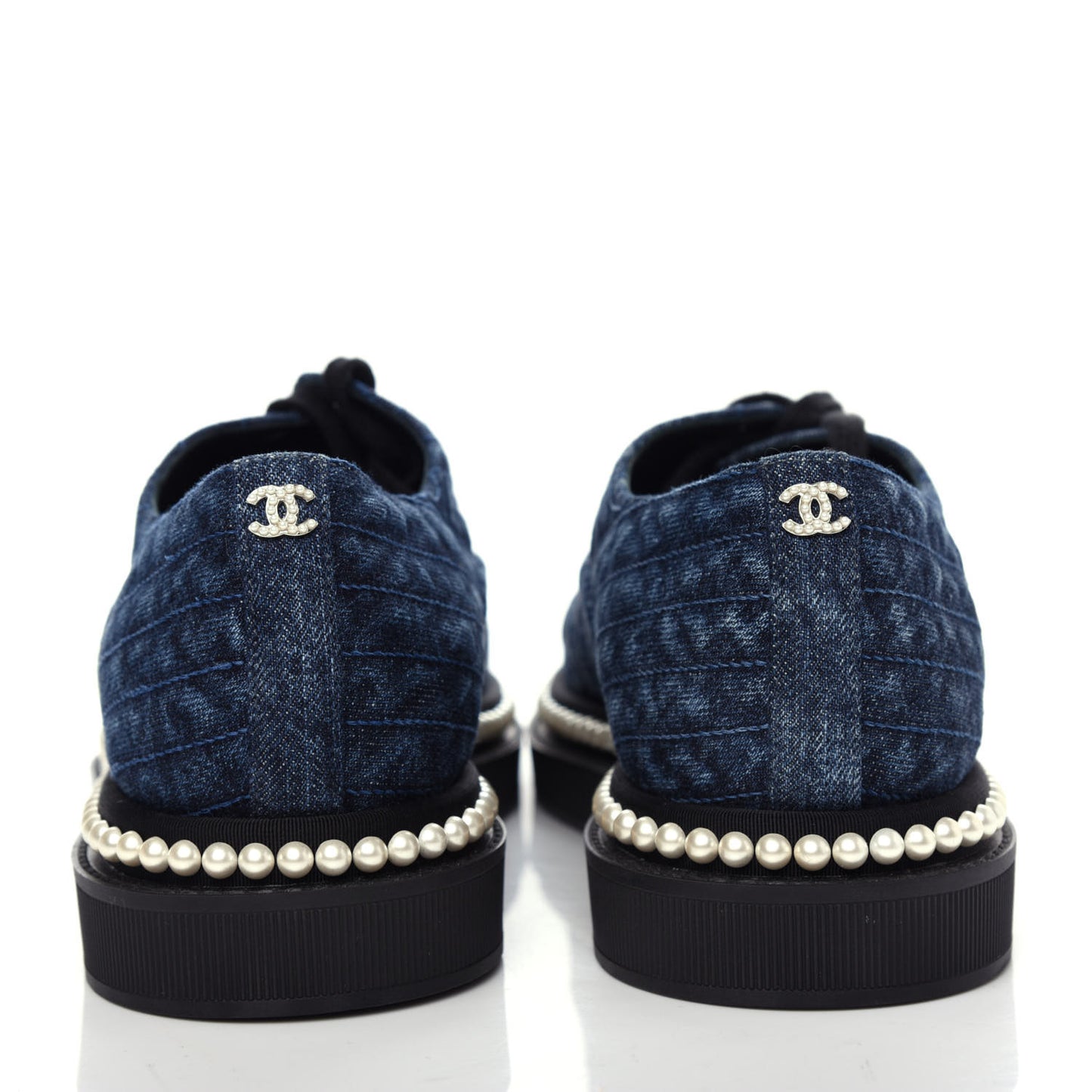 Denim Grosgrain Camellia Pearl Lace Up Sneakers 37 Blue Black