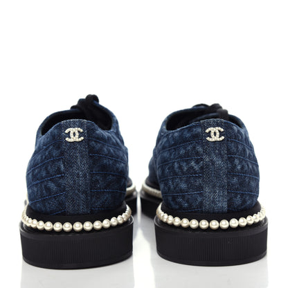 Chanel Denim Grosgrain Camellia Pearl Lace Up Sneakers 37 Blue Black 7 of 10