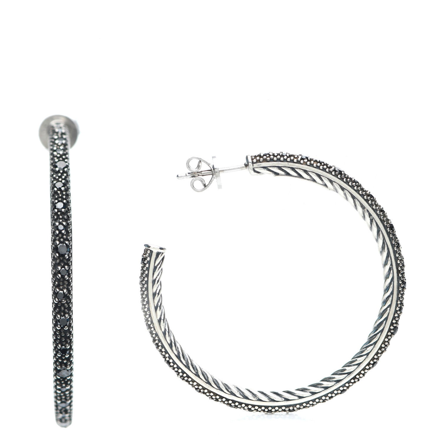 David Yurman Sterling Silver Black Diamond 42mm Large Midnight Melange Hoop Earrings 1 of 5