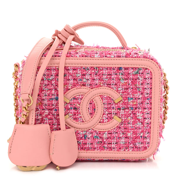 Chanel Tweed Quilted Small CC Filigree Vanity Case Pink 1554839
