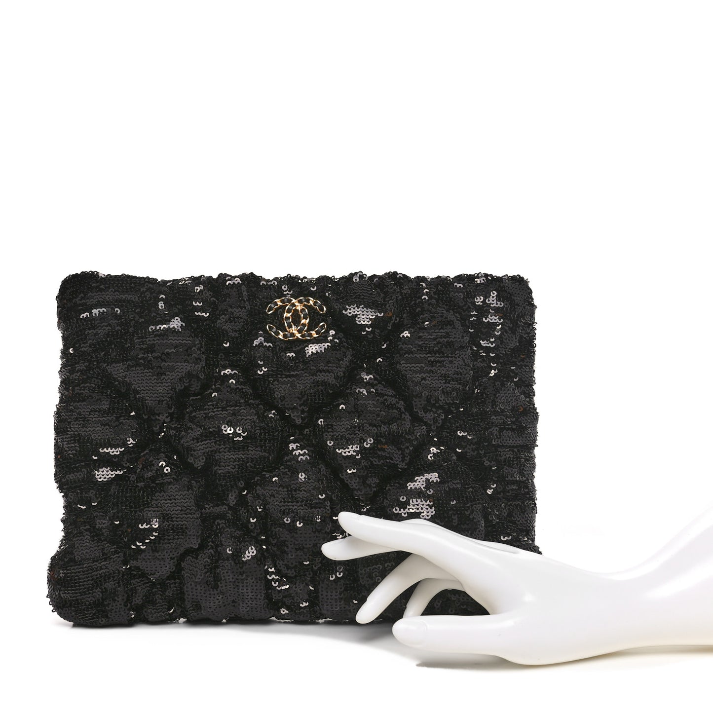 Sequins Quilted Large Chanel 19 Pouch Black