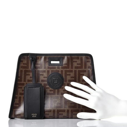 Fendi Glazed Fabric Vitello Century FF 1974 Stamp Patch Mini Peekaboo Defender Cover Mogano Panna Black 2 of 8