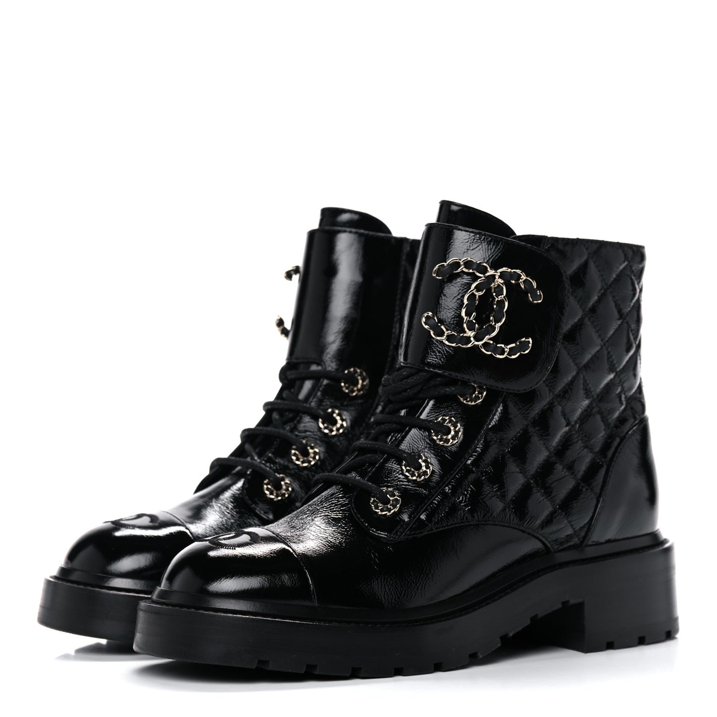 Shiny Calfskin Quilted Lace Up Combat Boots 37 Black