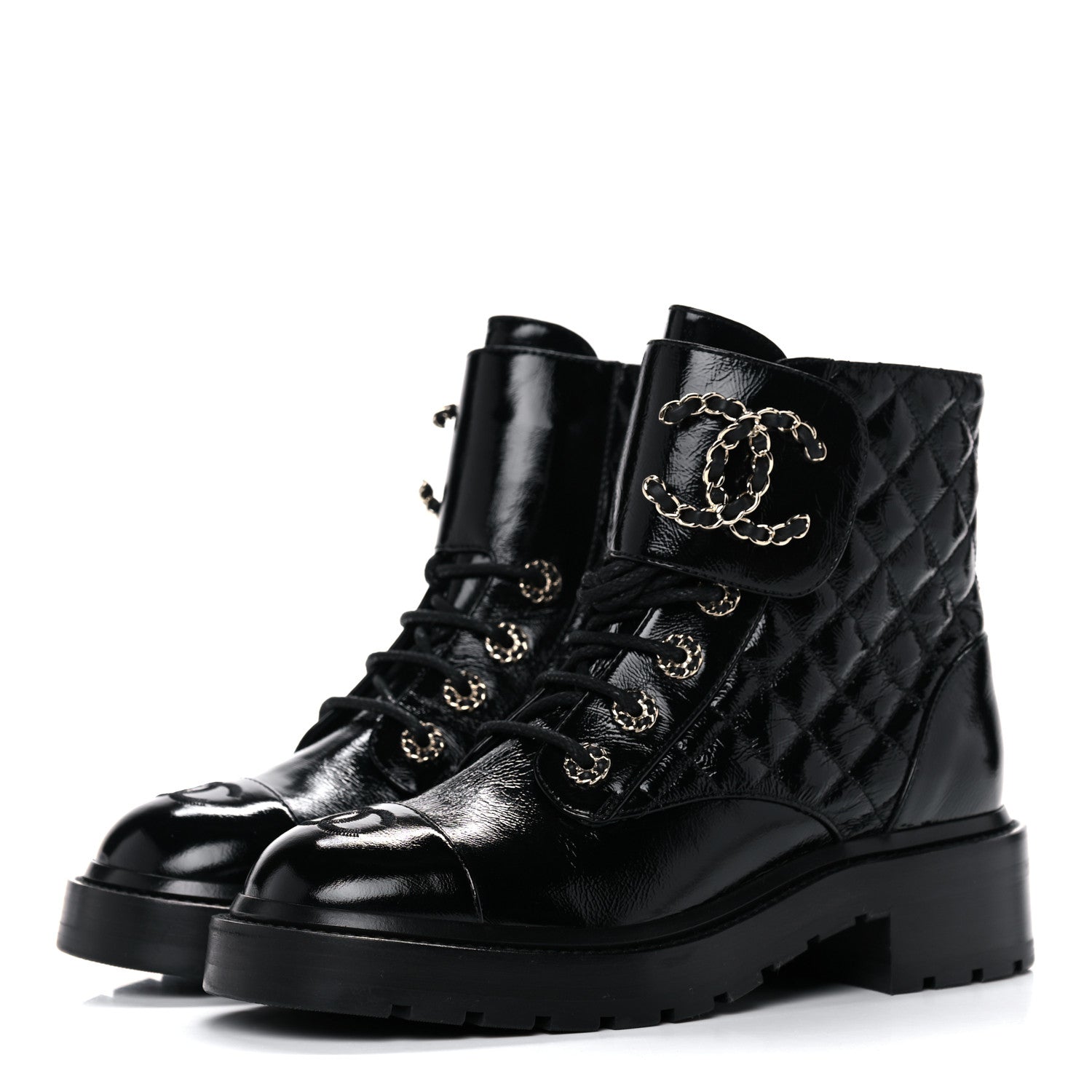 Chanel Shiny Calfskin Quilted Lace Up Combat Boots 37 Black 3 of 13