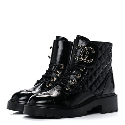 Chanel Shiny Calfskin Quilted Lace Up Combat Boots 37 Black 3 of 13