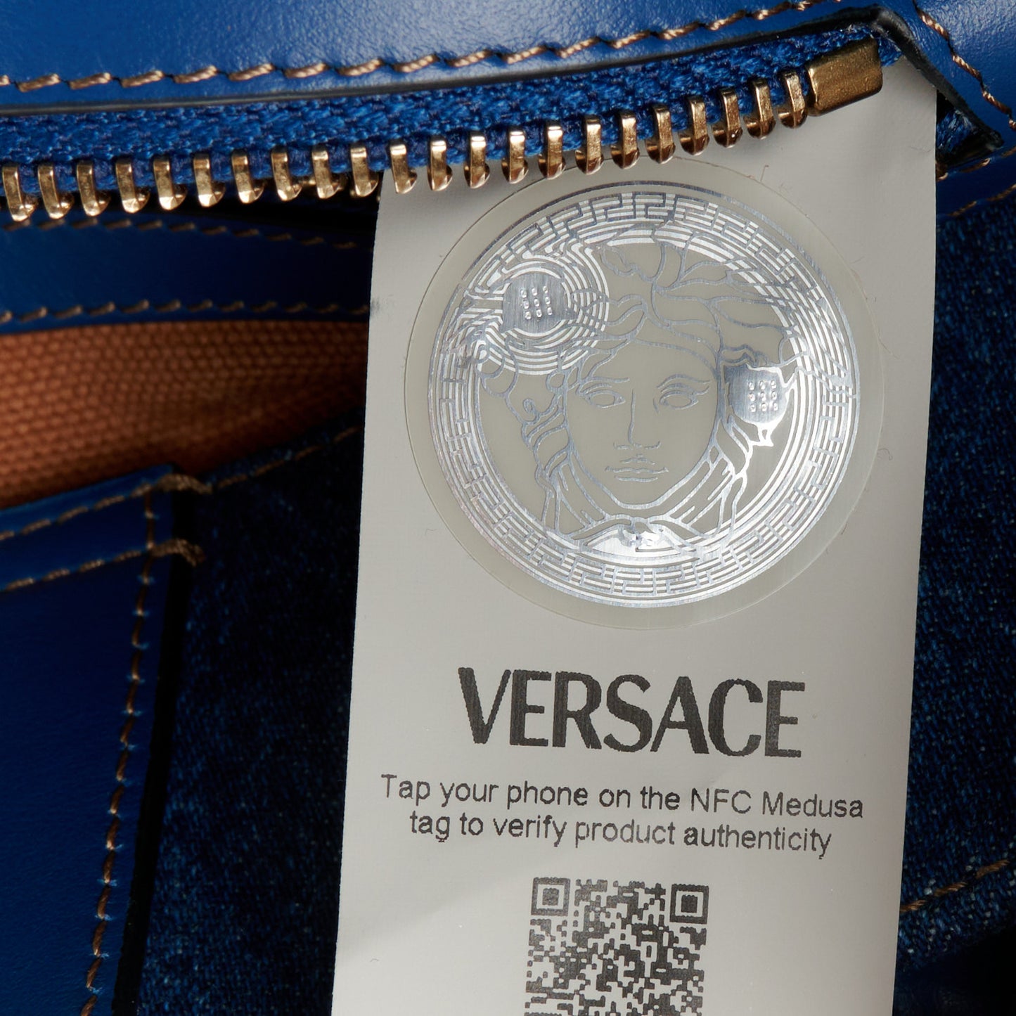 Denim Calfskin La Medusa Small Tote Bag Blue