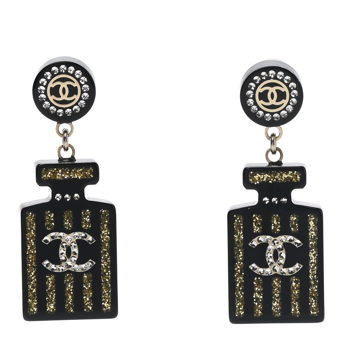 Resin Strass Perfume Bottle CC Earrings Black Gold