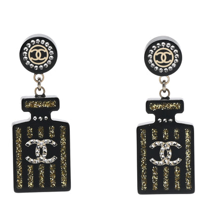 Chanel Resin Strass Perfume Bottle CC Earrings Black Gold 1 of 4