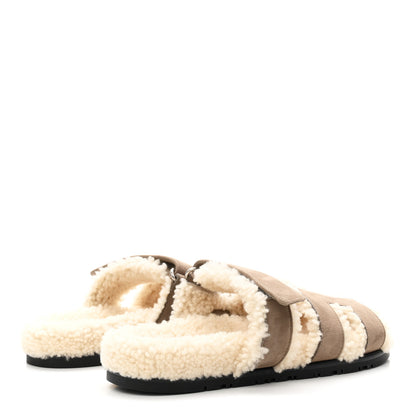 Hermes Suede Goatskin Woolskin Womens Chypre Sandals 38.5 Etoupe 5 of 8