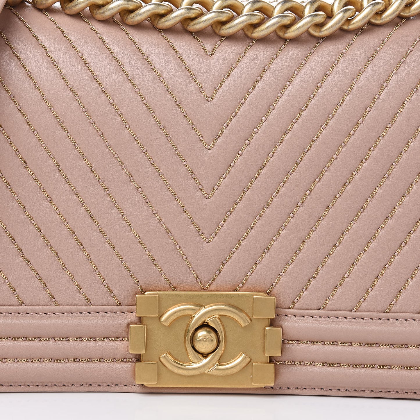 Lambskin Chevron Chain Stitched Medium Boy Flap Beige