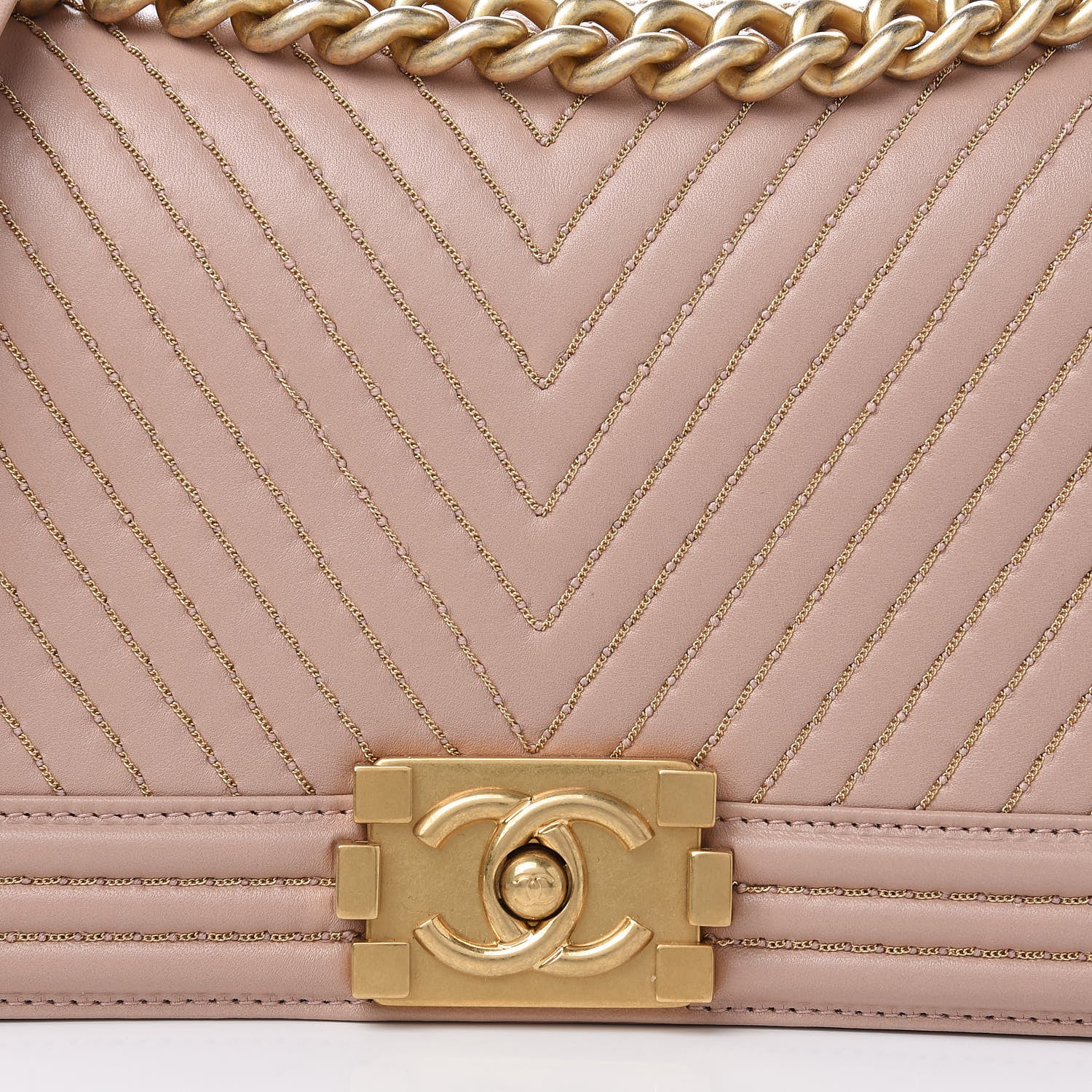 Chanel Lambskin Chevron Chain Stitched Medium Boy Flap Beige 11 of 14