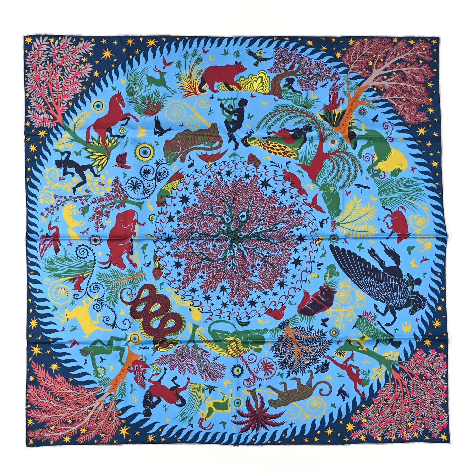 Hermes Silk Sous Le Charme d'Orphee Double Face Scarf 90 Bleu Azur Bordeaux Vert 1 of 4