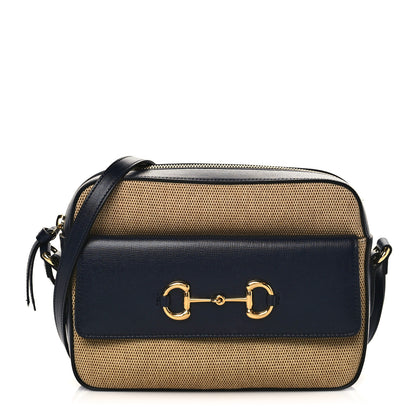 Gucci Vintage Rice Canvas Azalea Calfskin Small Horsebit 1955 Shoulder Bag Beige Blue 1 of 10