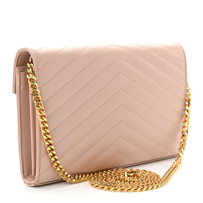 Saint Laurent Grain De Poudre Matelasse Chevron Monogram Chain Wallet Pale Pink 3 of 11