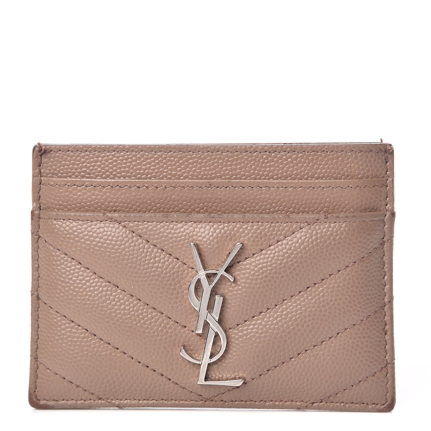 Saint Laurent Grain De Poudre Matelasse Chevron Monogram Credit Card Case Dark Beige 1 of 14