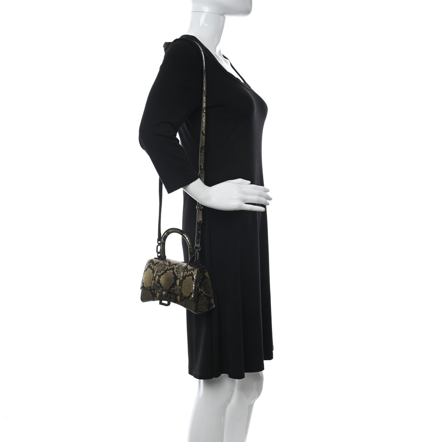 Shiny Calfskin Snakeskin Embossed Hourglass Top Handle Bag XS Gold Black