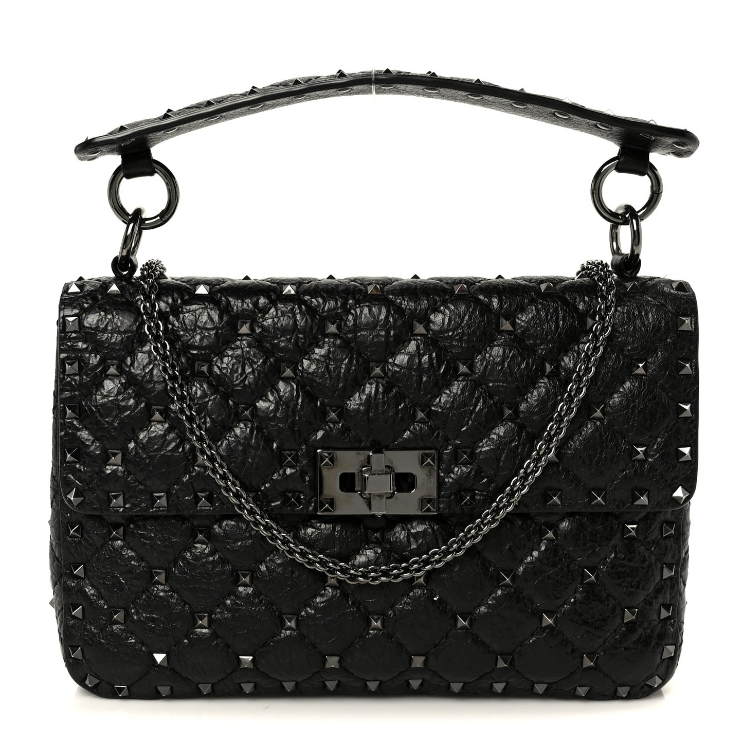 Craquele Nappa Medium Rockstud Spike Shoulder Bag Black