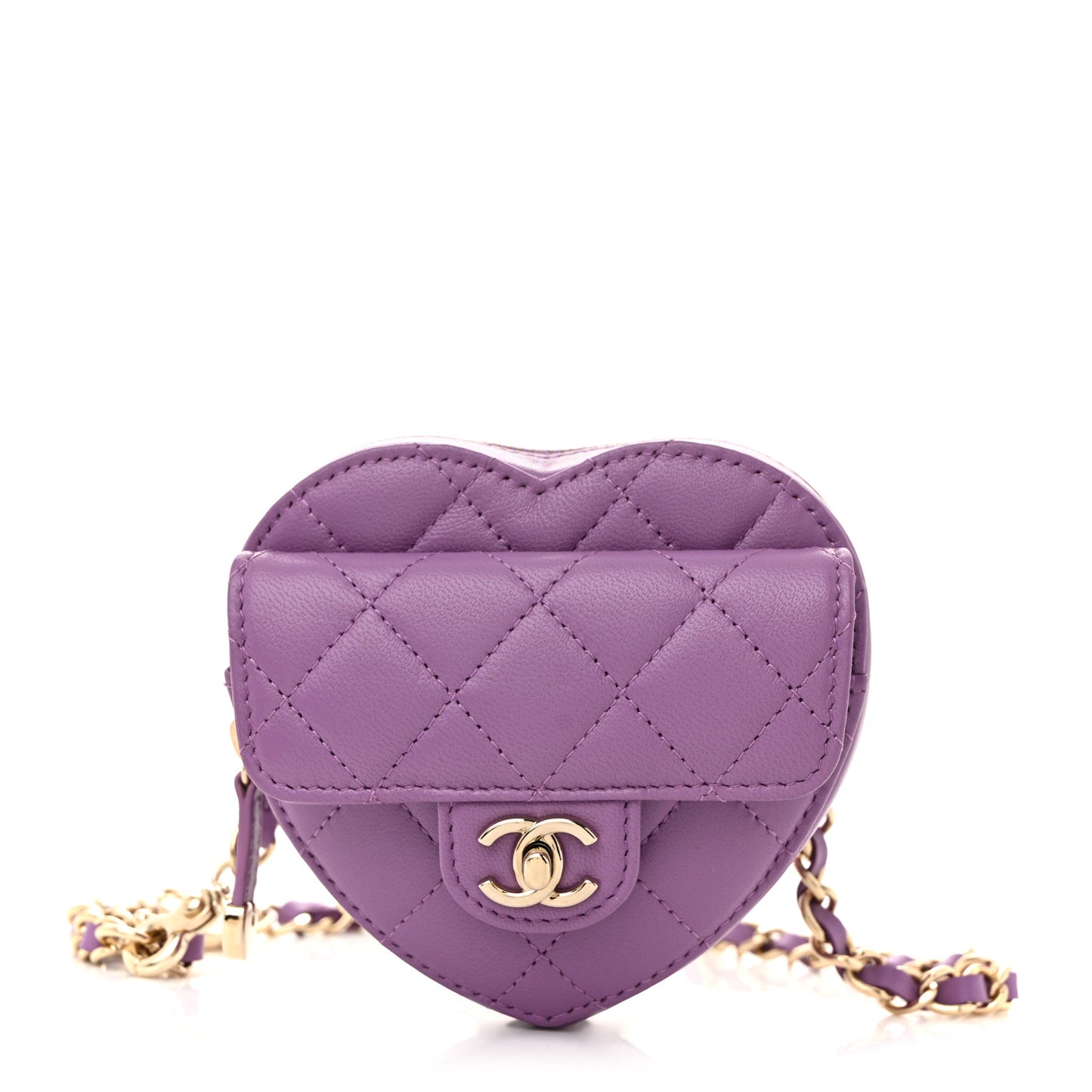 Lambskin Quilted CC In Love Heart Waist Belt Bag With Chain Purple