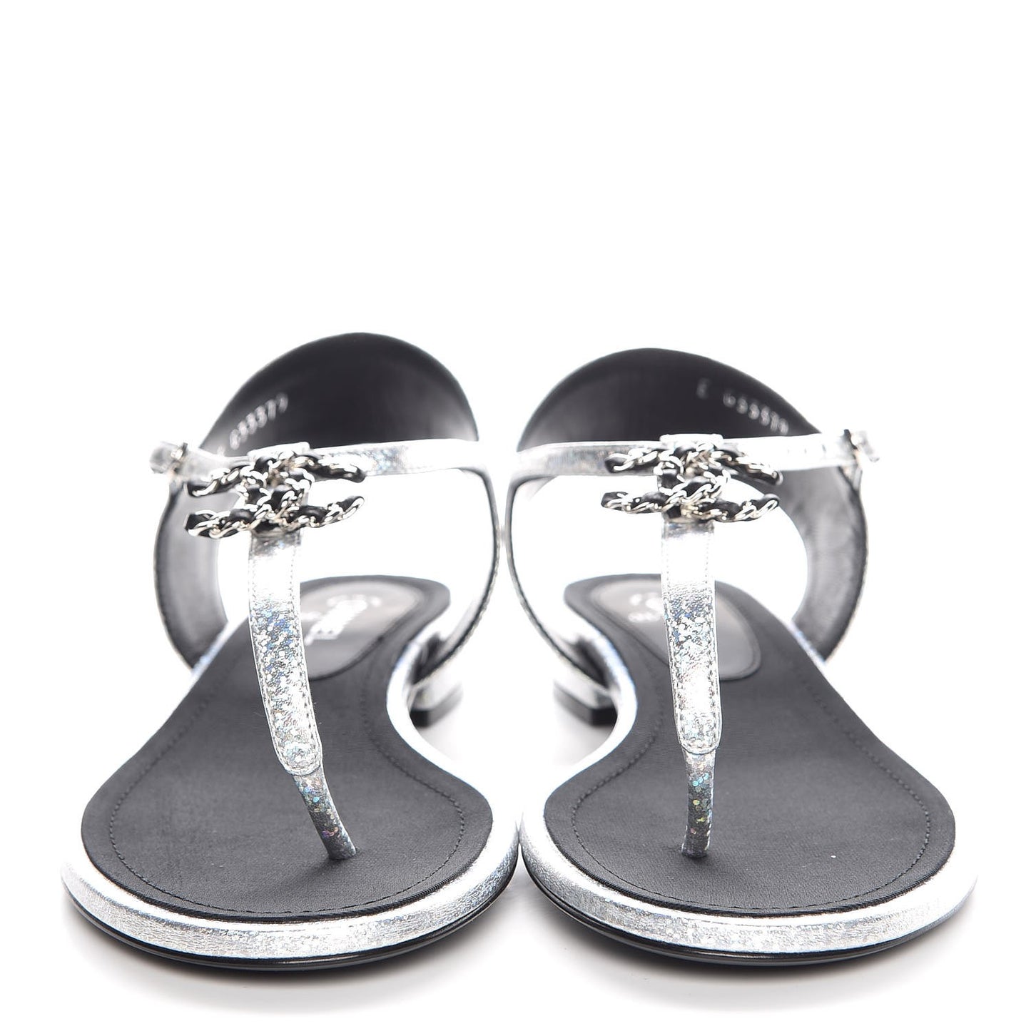 Fantasy Lambskin CC Chain Thong Sandals 37.5 Silver Black