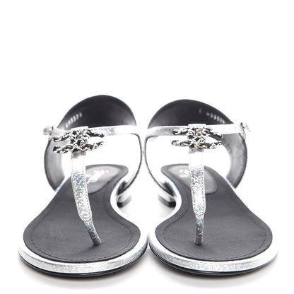 Chanel Fantasy Lambskin CC Chain Thong Sandals 37.5 Silver Black 2 of 9