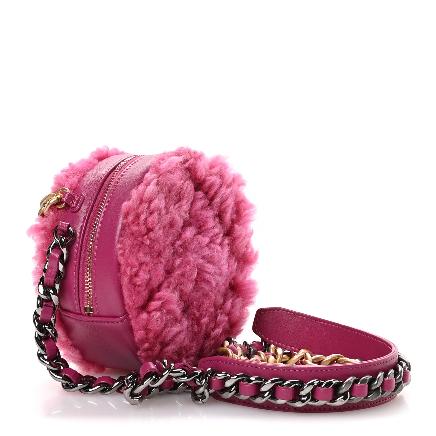 Chanel Shearling Sheepskin Chanel 19 Round Clutch With Chain Dark