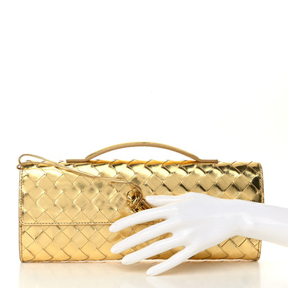 Bottega Veneta Metallic Lambskin Intrecciato Long Andiamo Top Handle Clutch Gold 2 of 10