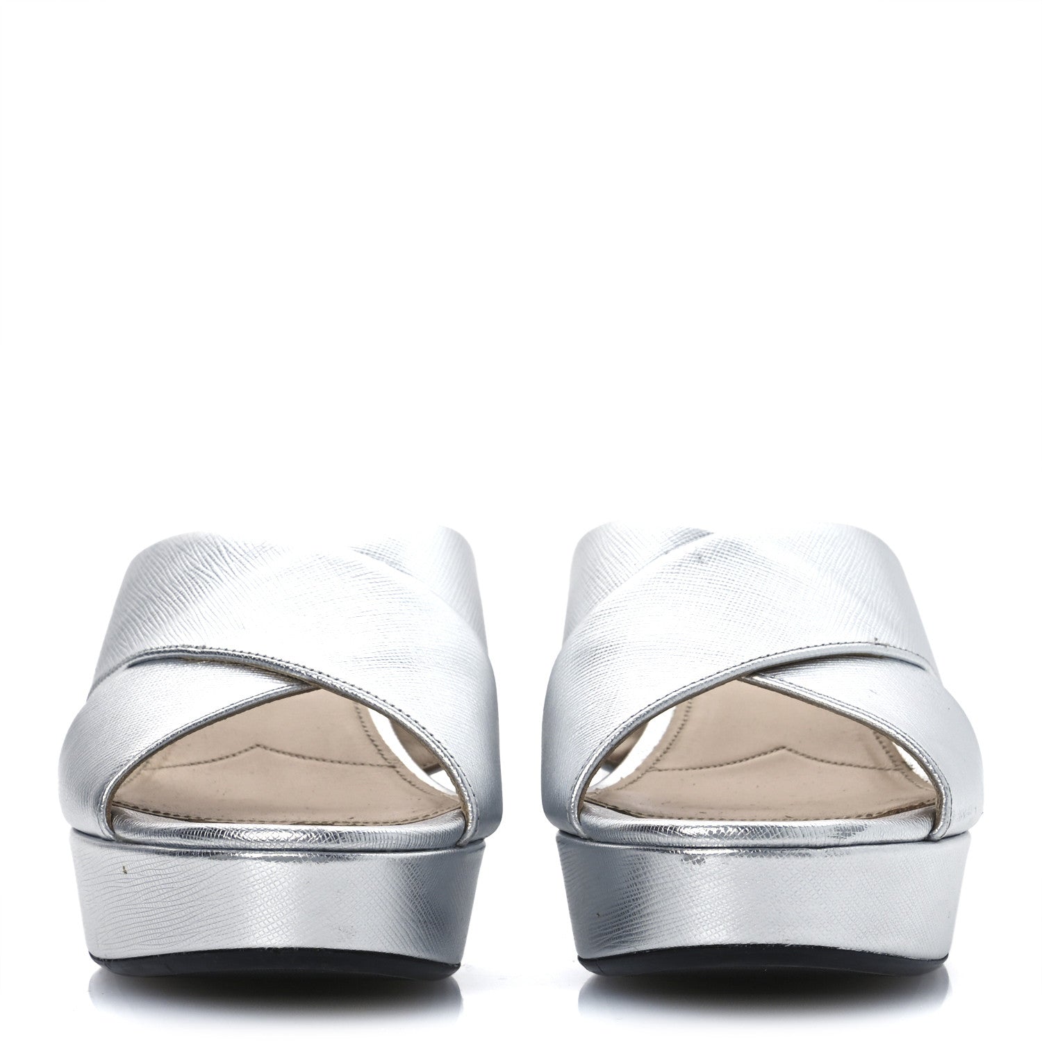 Prada Metallic Saffiano Crisscross Platform Sandals 41 Silver