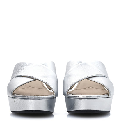 Prada Metallic Saffiano Crisscross Platform Sandals 41 Silver 3 of 16