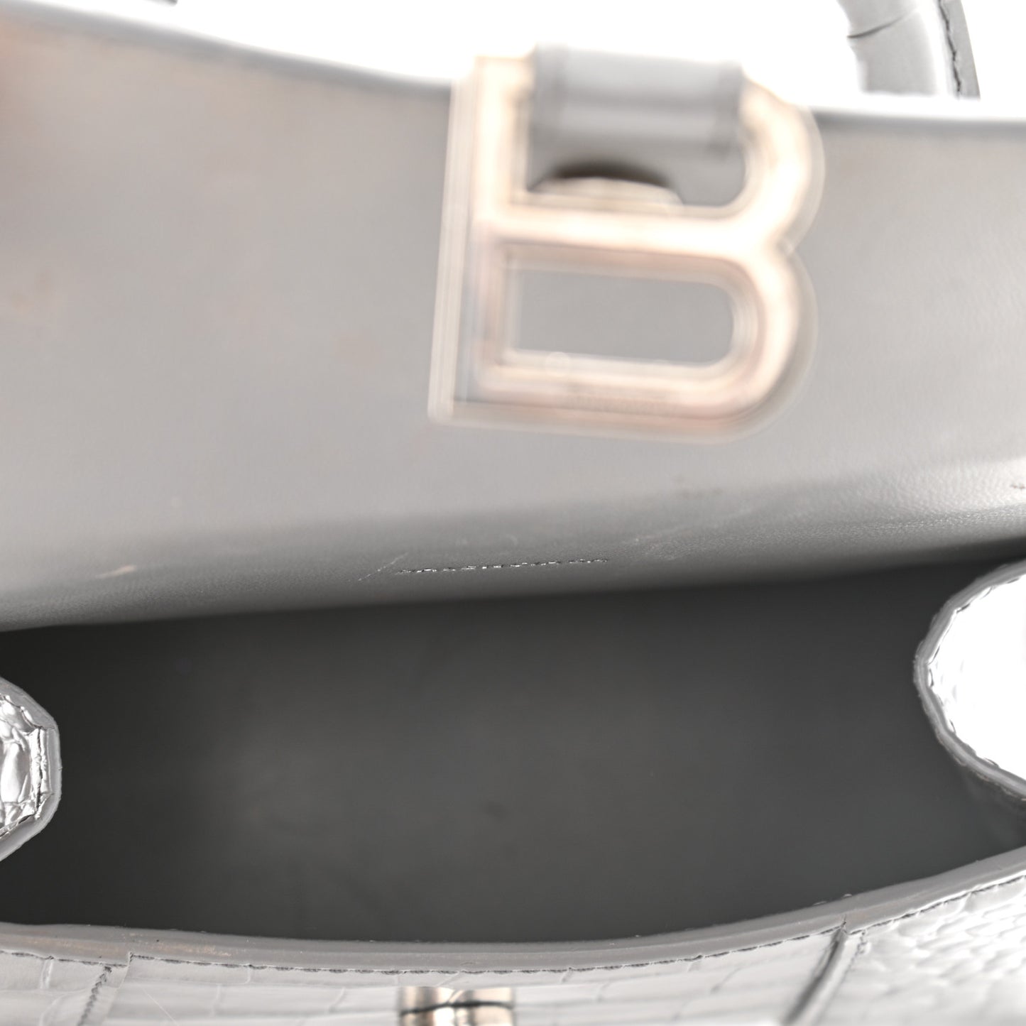 Shiny Calfskin Crocodile Embossed Hourglass Top Handle Bag XS Balenciaga Grey