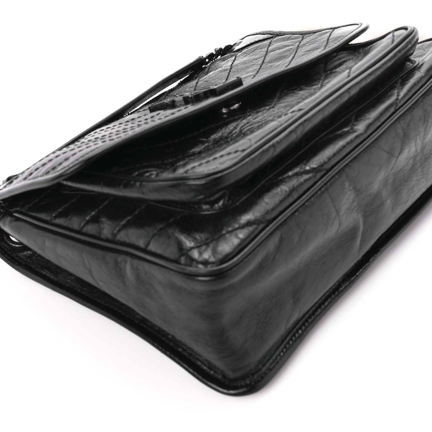 Crinkled Calfskin Matelasse Monogram Medium Niki Chain Satchel Black