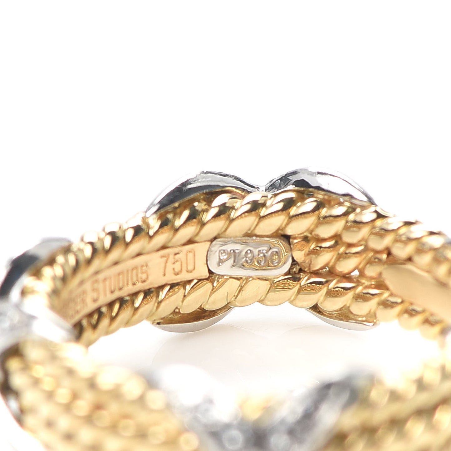 18K Yellow Gold Platinum Diamond Schlumberger Rope 3 Row X Ring 48 4.5